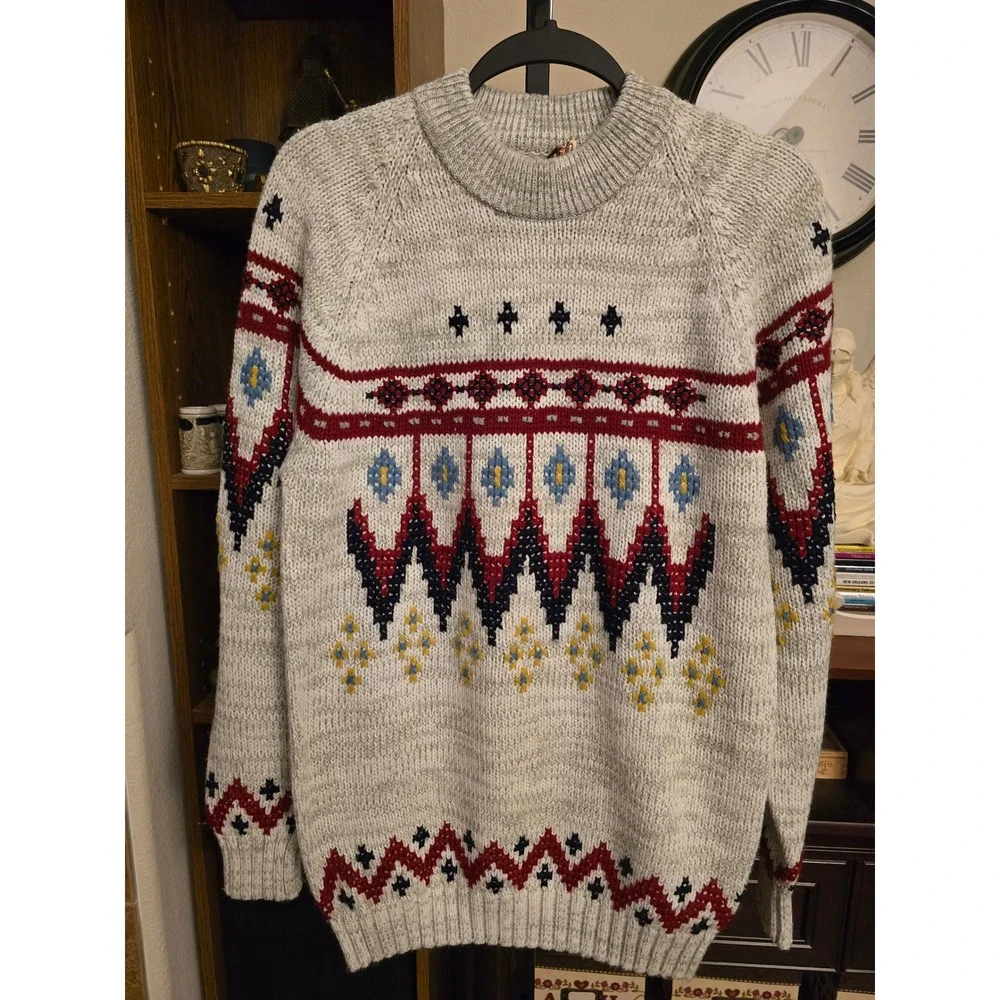 Silton California Mens Vintage Fair Isle Knit Sweater Crew Neck Gray Geometric